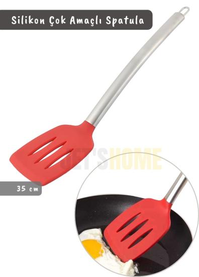 Silikon Spatula Kaşığı Paslanmaz Saplı Kırmızı