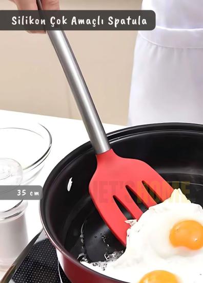 Silikon Spatula Kaşığı Paslanmaz Saplı Kırmızı